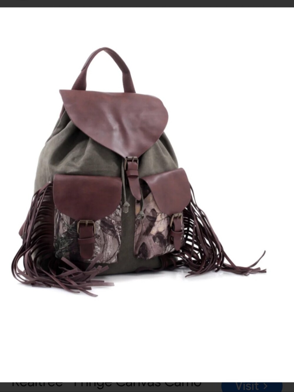 Real Tree Camo Fringe Canvas & Leather Backpack